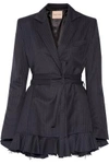 MAGGIE MARILYN WOMAN GIVE ME STRENGTH RUFFLE-TRIMMED PINSTRIPED WOOL BLAZER NAVY,US 4772211933315601