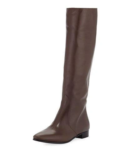 Prada Leather Flat-heel Knee Boot In Teak