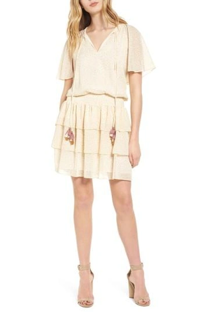 Rebecca Minkoff Pebble Tassel-neck Floral Motif Dress With Tiered Skirt In Off White Multi