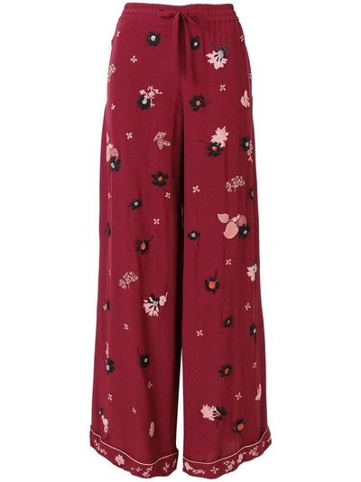 Valentino Floral Embroidered Palazzo Trousers In Red