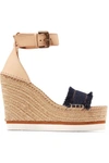 See By Chloé Leather And Denim Espadrille Wedge Sandals In Dark Denim