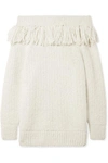 ELEVEN SIX BAILEY FRINGED OFF-THE-SHOULDER ALPACA-BLEND SWEATER