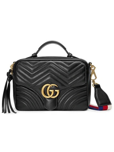 Gucci Gg Marmont Small Chevron Quilted Leather Top-handle Camera Bag With Web Strap In Black Leather
