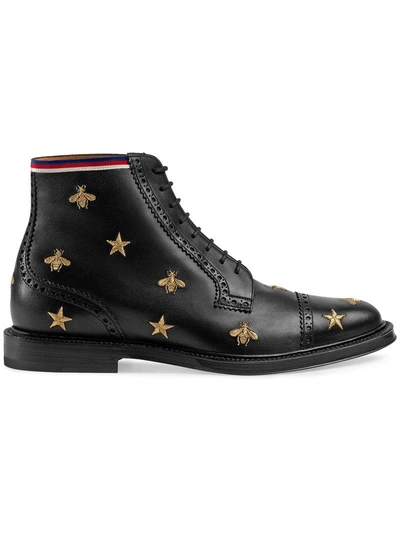 Gucci Leather Embroidered Brogue Boot In Black