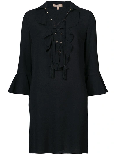 Michael Kors Lace-front Long-sleeve Silk Georgette Mini Dress In Black