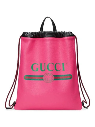 Gucci Printed Leather Drawstring Backpack In Pink Leather