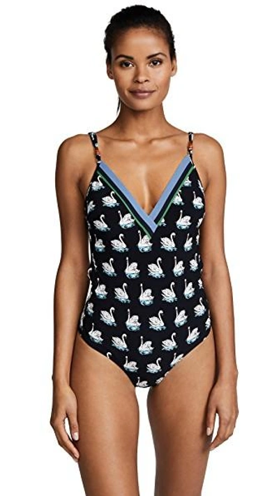 Stella Mccartney Iconic Swan-prints Plunging One-piece Swimsuit In Black/white Swan Print