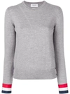 THOM BROWNE GROSGRAIN-CUFFED FINE MERINO WOOL CREW NECK PULLOVER,FKA138A0001412554079