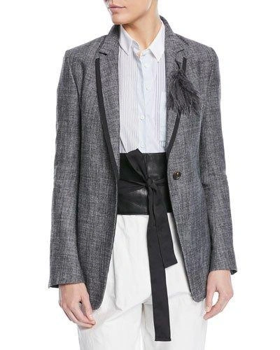 Brunello Cucinelli One-button Fitted Silk-linen Tweed Blazer In Grey