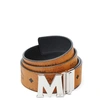Mcm Visetos Engraved Logo Buckle Reversible Belt In Cognac