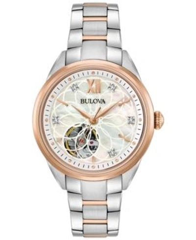 Bulova Women's Automatic Diamond Accent Two-tone Stainless Steel Bracelet Watch 34mm 98p170 In Two Tone  / Gold Tone / Mop / Mother Of Pearl / Rose / Rose Gold Tone