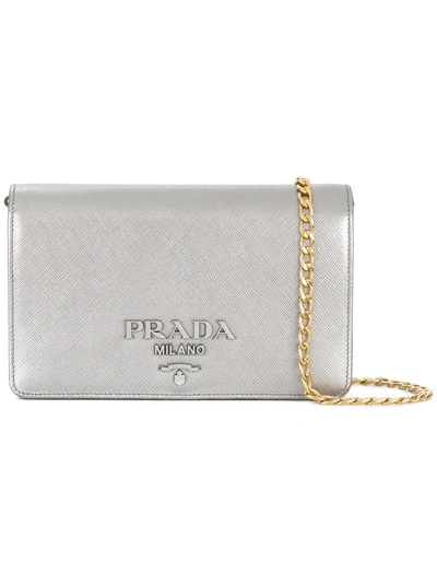 Prada Silver Saffiano Leather Wallet On Chain Bag In Metallic