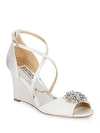 BADGLEY MISCHKA Tacey Embellished Satin Wedge Heel Sandals,0400096520379