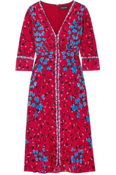 Saloni Eve Floral-print Silk Crepe De Chine Midi Dress In Red