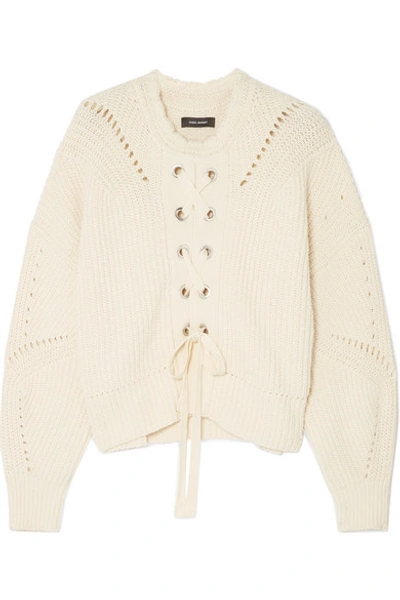 Isabel Marant Lacy Lace-up Pointelle-knit Cotton-blend Sweater In Ecru
