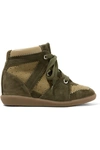 Isabel Marant Bobby Perforated Canvas And Suede Wedge Sneakers In Army Green