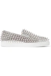 CHRISTIAN LOUBOUTIN ROLLER BOAT SPIKED METALLIC TEXTURED-LEATHER SLIP-ON SNEAKERS