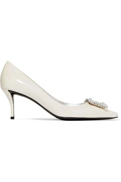 Roger Vivier Flower Faux Pearl-embellished Iridescent Patent-leather Pumps In White