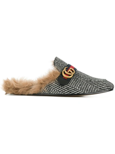 Gucci Black & White Herringbone Wool-lined Princetown Slip-on Loafers In Black, White