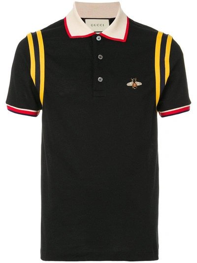 Gucci Bee-embroidered Polo Shirt In Black Stretch Cotton