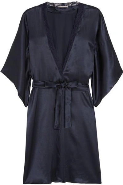 Stella Mccartney Clara Whispering Lace-trimmed Silk Dressing Gown In Midnight Blue
