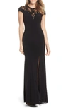 Adrianna Papell Embellished Illusion-yoke Gown In Black