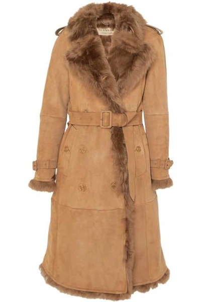 Burberry Tolladine Shearling-trim Suede Trench Coat In Camel