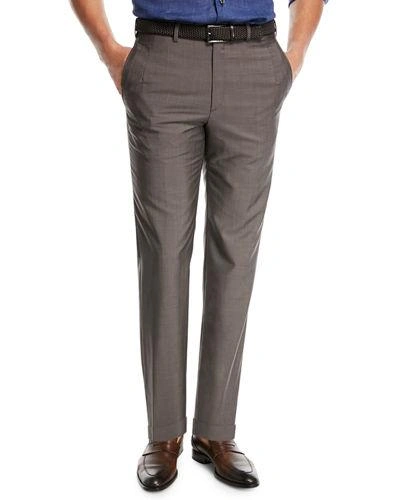 Brioni Phi Flat-front Wool/mohair Trousers In Brown