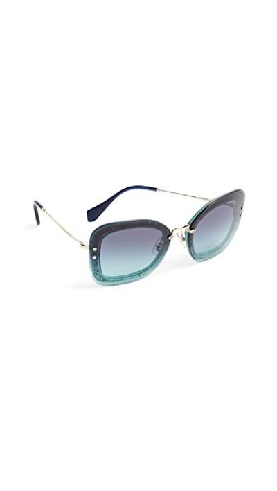 Miu Miu Reveal Square Glitter Sunglasses In Transparent Green/azure Blue