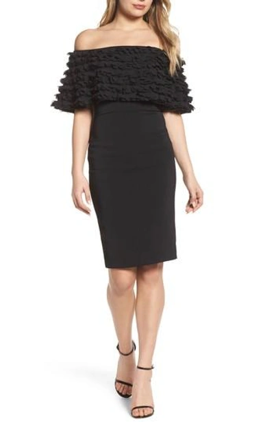 Badgley Mischka Off-the-shoulder Floral Lace Popover Cocktail Dress In Black