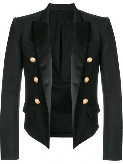 Balmain 6 Button Wool Spencer Jacket W/ Satin In Black