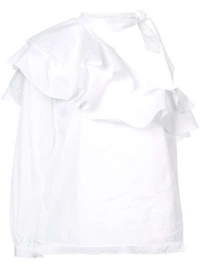 Veronica Beard Gigi One-shoulder Ruffled Stretch-cotton Poplin Top In White