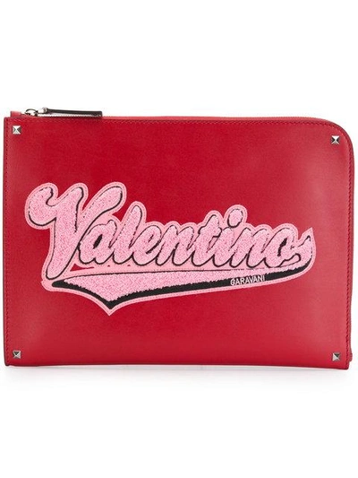 Valentino Garavani Rockstud Appliqué Clutch In Red