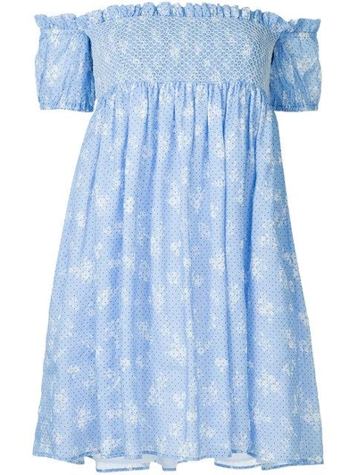 Miu Miu Off-the-shoulder Floral-print Gauze Mini Dress In Blue Print