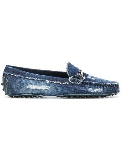 Tod's Double T Embellished Distressed Denim Loafers In Medium Wash
