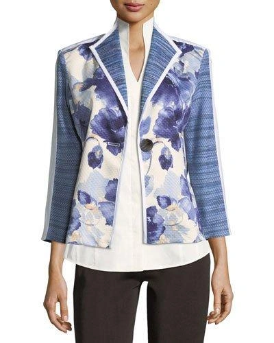 Misook Collection Watercolor Floral Stripe-sleeve Jacket, Plus Size In Multi