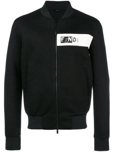 Fendi Shadow Logo-embroidered Zip-through Bomber Jacket In Black