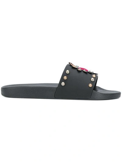 Dolce & Gabbana Slippers In Rubber And Calfskin With Heart Patches In Black