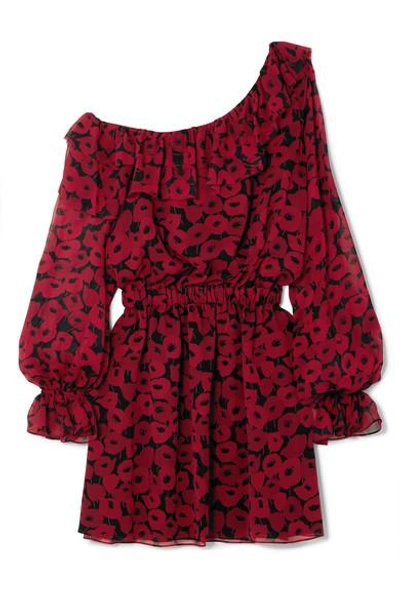 Saint Laurent One-shoulder Floral-print Silk-georgette Mini Dress In Red
