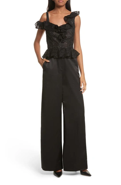 Rebecca Taylor Malorie Off The Shoulder Embroidered Silk Jumpsuit In Black