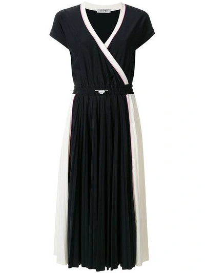 Valentino Short-sleeve Faux-wrap Bicolor Jersey Midi Dress In Black