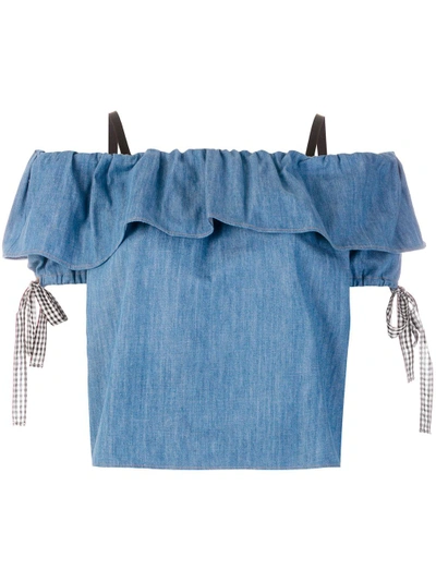 Miu Miu Off-the-shoulder Ruffled Denim Blouse In Blue