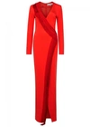 Galvan V-neck Long-sleeve Fringe Detail Gown In Red