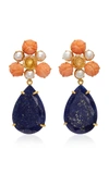 BOUNKIT GOLD-PLATED CARVED BAMBOO CORAL PEARL CLEAR QUARTZ AND LAPIS EARRINGS,ED-TR-11