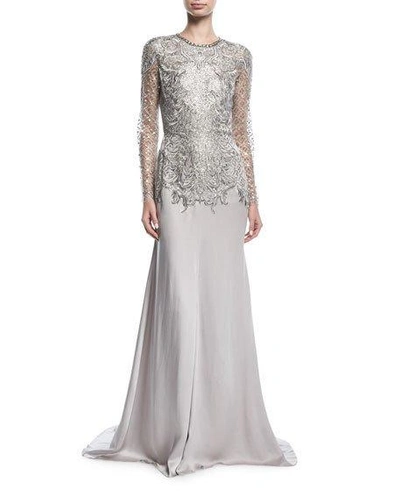 Jenny Packham Embroidered Evening Gown With Embellished Bodice In Silver