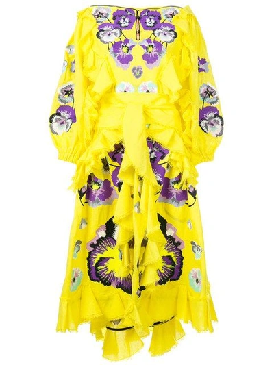 Yuliya Magdych Cotton Ruffle Dresspansies In Yellow W/purple