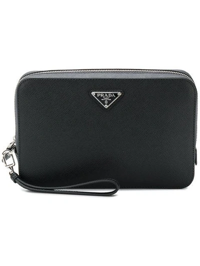 Prada Logo-plaque Saffiano-leather Pouch In Black