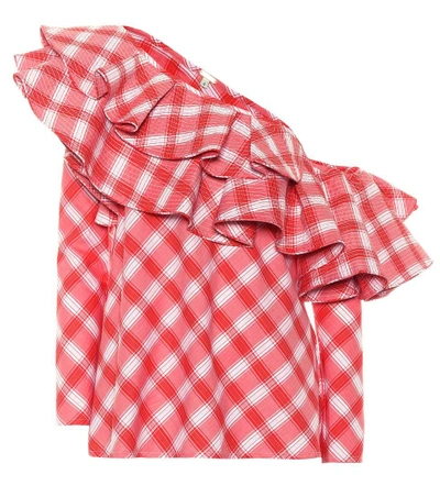 Johanna Ortiz Mangas Colouradas One-shoulder Ruffled Checked Cotton Top In Red/white