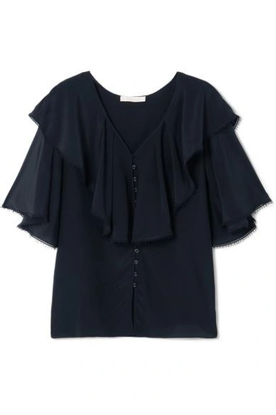 Chloé Lace-trimmed Ruffled Silk Crepe De Chine Blouse In Navy