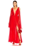 DUNDAS DUNDAS DRAPED WAIST PLUNGING GOWN IN RED,DUNF-WD1